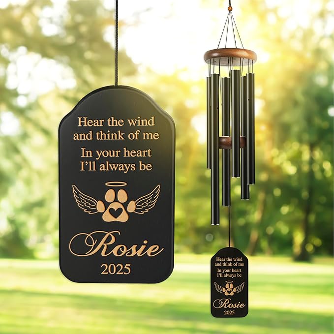 Personalized Dog Memorial Gifts for Loss of Dog Wind Chime w/Name & Date, Hear The Wind and Think of Me - Sympathy Gifts - 37" Custom Engraved Pet Memorial Wind Chime Gift - Black Color, D4