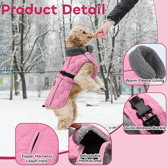 Dog Coat Winter, Waterproof Quilted Dog Jacket for Cold Weather, Reflective Adjustable Puppy Winter Coat, Warm Turtle-Neck Pet Fleece Snow Jacket for XX-Large Dogs, NewPink XXL