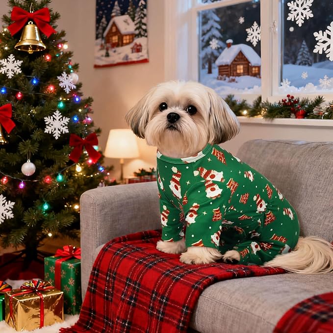 Christmas Dog Pajamas for Small Dogs XS - Warm 4-Leg Long Sleeve Onesie | Soft Breathable Jumpsuit for Indoor Use, Cute Stretchable Xmas Party Outfit, Green