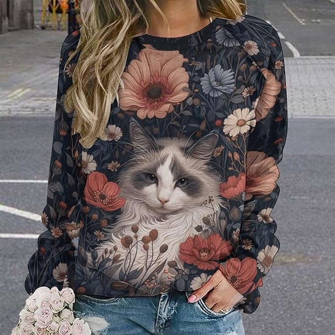 Womens novelty funny cat printed crewneck sweatshirt casual loose long sleeve graphic pullover sweatshirts tops