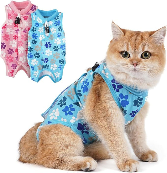Cat Recovery Suit – Soft, Breathable Onesie for Female & Male Pets After Surgery, Spay, Neuter or Wounds, Surgery Outfit, Cone Alternative, Litter Access, Machine Washable, Blue Paw Print