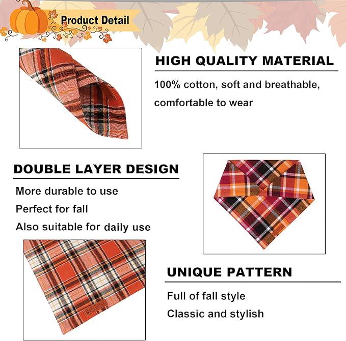 ADOGGYGO Fall Dog Bandanas 2 Pack, Premium Cotton Fabric, Orange Plaid Holiday Pet Scarf, Fall Thanksgiving Halloween Bandanas for Small Dogs (Small)