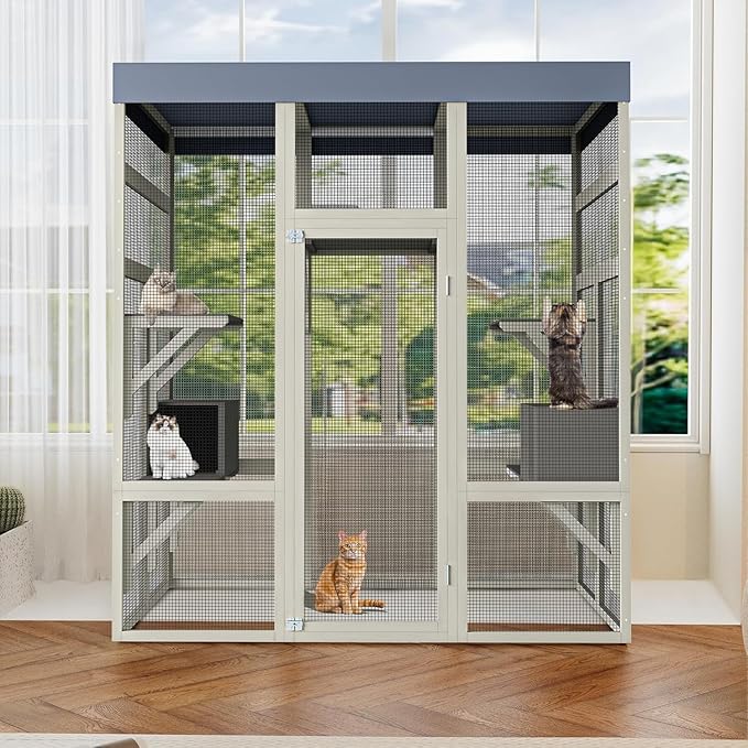70" Large Outdoor Catio Cat Enclosure, Wood Cat Patio with Waterproof UV-Resistant Roof, Cats Shelter with 5 Platforms and 2 Resting Box, and Secure Rust-Proof Wire for Backyard or Patio
