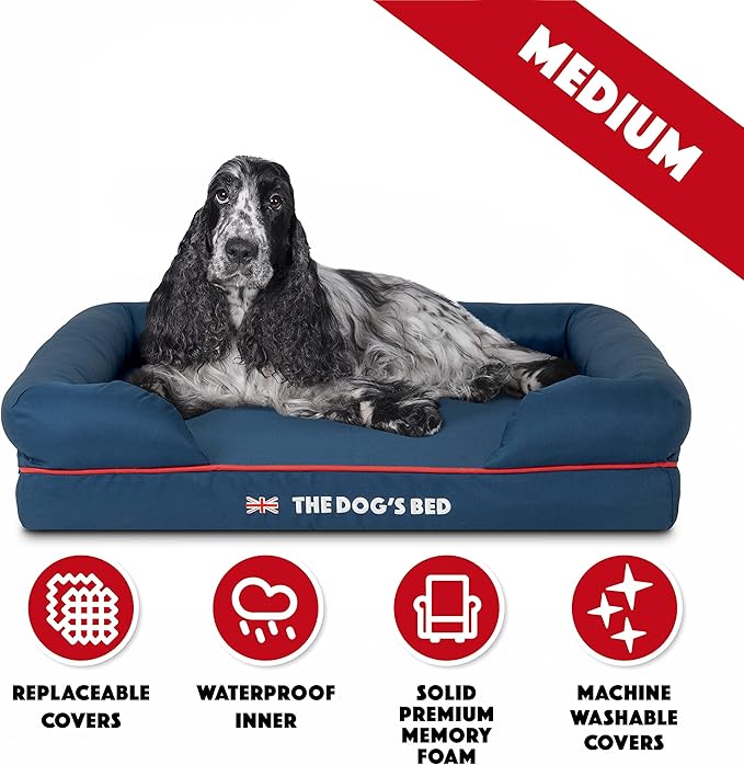 The Dog’s Bed Orthopedic Dog Bed Medium Blue Oxford with Red Trim UK Flag Dog Bed, Memory Foam, Pain Relief, Post Surgery, Lameness, Waterproof Washable Cover Cover