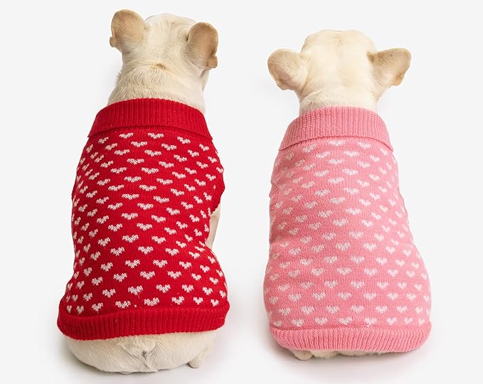 2 Pack Dog Sweater Winter Warm Clothes - Heart Soft Puppy Medium Thickening Turtleneck Sweatshirt for Chihuahua, Bulldog, Dachshund, Pug, Yorkie (M, Pink, Red)
