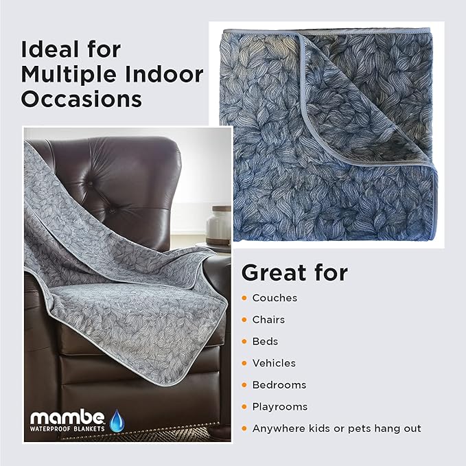 Mambe Silky Waterproof Throw for Protecting Furniture Bed Couch from Stains Caused by Dogs, Cats, Incontinence. Soft, Washable, Reversible. (Size Medium 70x70 inches, Color Serene)