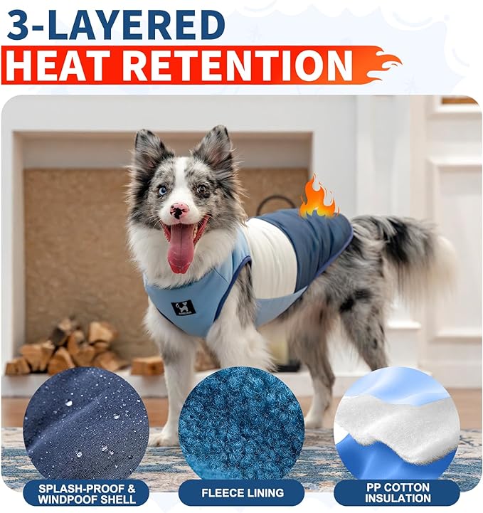 Reversible Dog Winter Coat, Waterproof Warm Fleece Sweater Windproof Lightweight Pet Snow Jacket for Medium Large Dogs with Double Ended Zipper, Cold Weather Dog Coat,Blue,S