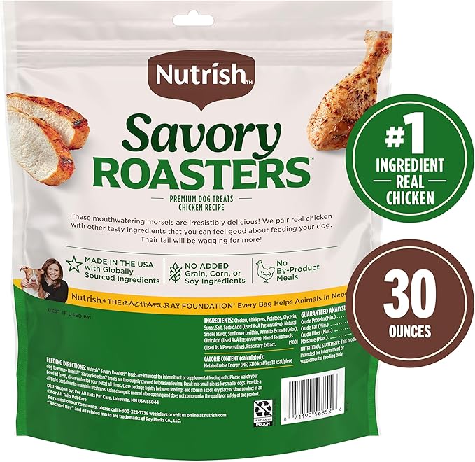 Nutrish Premium Dog Treats Savory Roasters Real Chicken Recipe, Soft Texture, Resesalable Bag, 30 oz. Pouch (Rachael Ray)