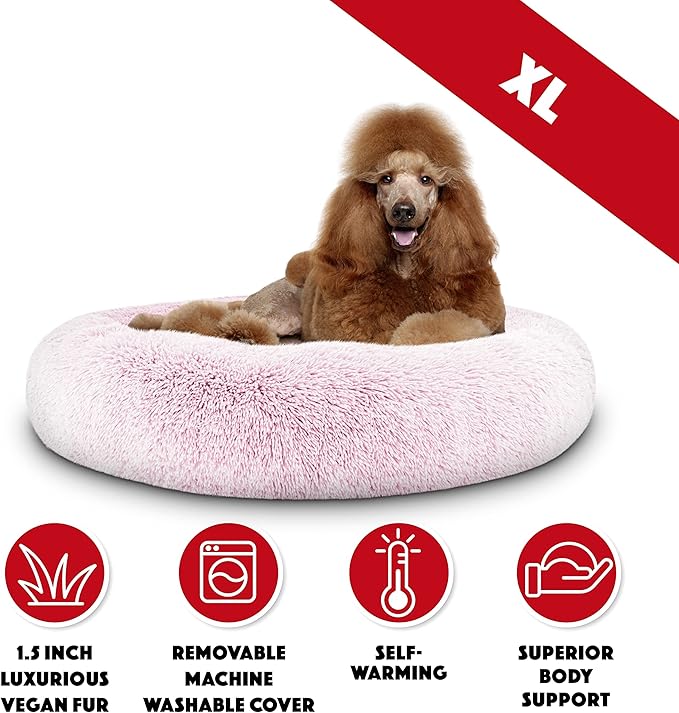 The Dog’s Bed Sound Sleep Original Calming Dog & Cat Bed, Anti-Anxiety Rose Pink Fur Donut Nest Snuggler, with Removable Cover, Veterinary Approved