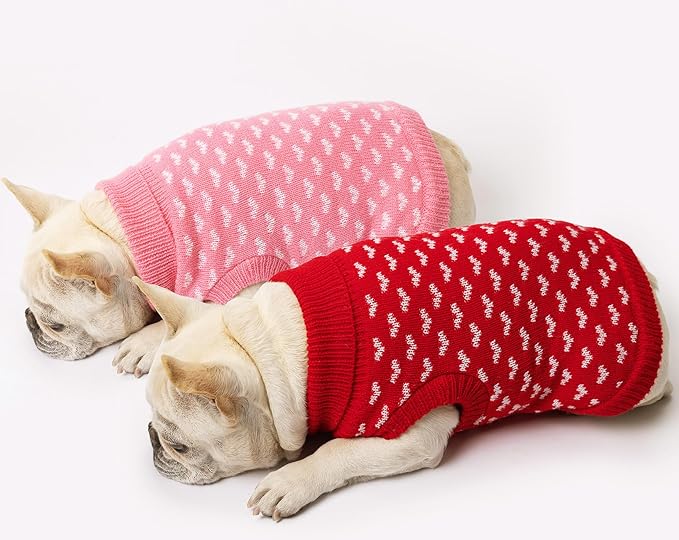 2 Pack Dog Sweater Winter Warm Clothes - Heart Soft Puppy Medium Thickening Turtleneck Sweatshirt for Chihuahua, Bulldog, Dachshund, Pug, Yorkie (M, Pink, Red)