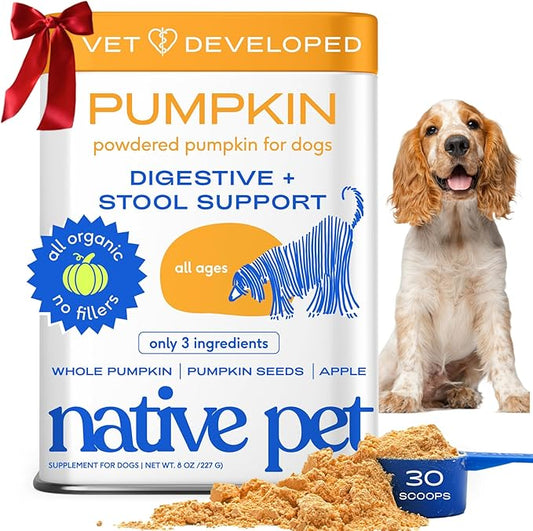 Native Pet Pumpkin for Dogs - Organic Powder Pumpkin Puree Dog Food Toppers -Rich in Fiber Supplement Powder Helps with Digestion, Nutrient Absorption, Diarrhea, Constipation & Upset Stomach-30 Scoops