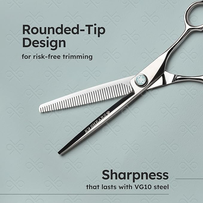 7” Dog Grooming Scissors – VG10 Japanese Steel Professional Pet Thinning Shears for Cats & Dogs | Clean Cut & Precise Trimming | Lightweight, Ergonomic, Handcrafted | Thinning Rate 50% | K9 Shears