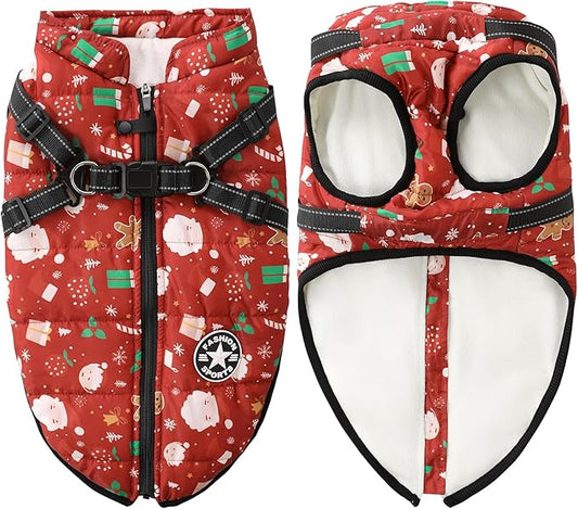 Aiboria Dog Jacket Windproof Fleece Dog Sweater with Padded Vest Chest Strap Harness Dogs Coat Christmas Red L