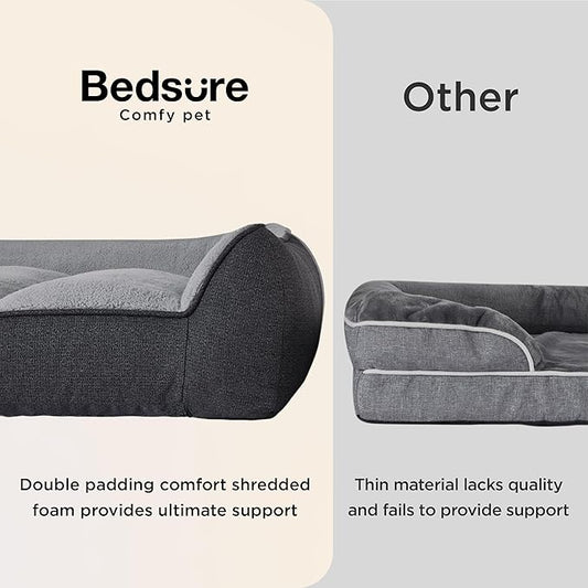 Bedsure Orthopedic Dog Beds Large Sized Dog - Extra Thick Supportive Large Dogs Bed with Waterproof Washable Cover, L Plus Comfort Pet Bed Sofa with Soft Plush Sherpa and Nonskid Bottom, Grey, 38"