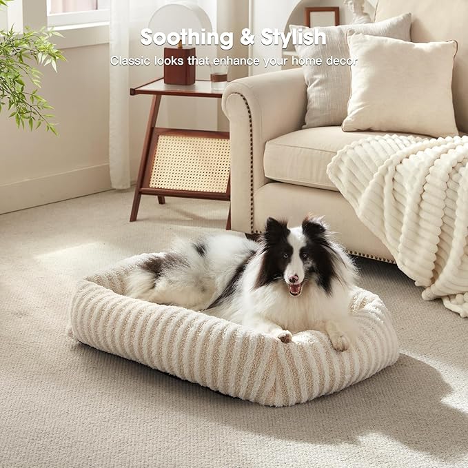 MIXJOY Dog Bed Medium Size Dog, Washable Medium Dogs Bed with Removable Cover, Soft Rectangle Pet Ded Fluffy Plush Faux Fur Pet Bed with Anti-Slip Bottom, 30"x30"x8", Beige