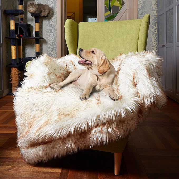 Waterproof Dog Blanket for Small, Medium & Large Dogs – Faux Fur Pet Throw for Couch, Sofa, Bed & Car – Soft, Washable, Stain-Resistant, Durable Cover – White w/Brown Tips – 40" x 30"