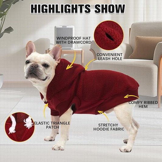 BINGPET Dog Hoodie Dog Sweater with Leash Hole, Warm Fleece Dog Sweatshirt with Hood, Cold Weather Dog Clothes Winter Coat for Puppy Small Medium Large Dogs Boy and Girl(Red,L)