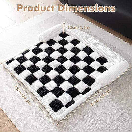 LiveGo Fuzzy Pet Couch Covers for Sofa, Dog Couch Cover Fuzzy Sofa Cover Cream Square Plaid Dog Bed Plush Dog Mat for Furniture Protector for Large Medium Dogs and Cats (Black, 29.5"*29.5")