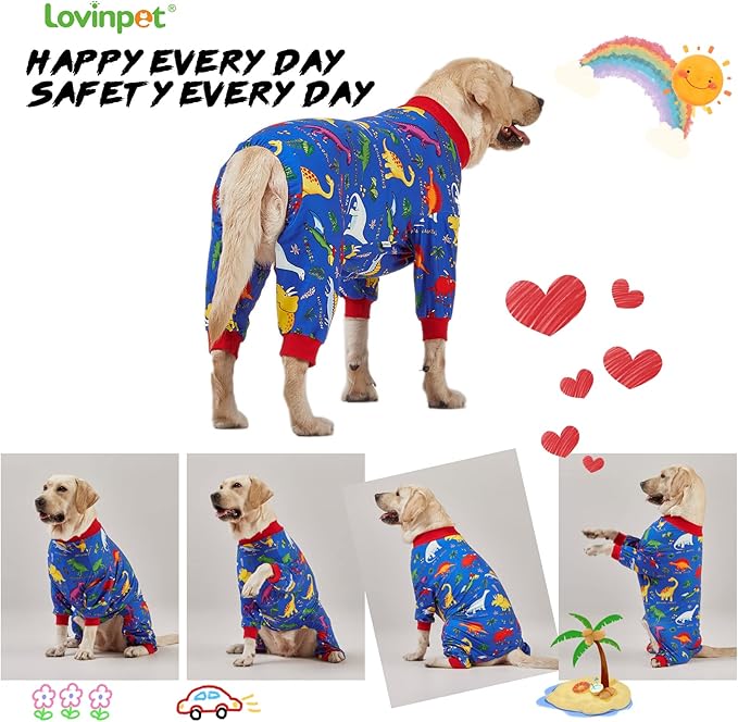 LovinPet Pitbull Large Dog Clothes, Wound Care/Post Surgery Dog Clothes, Lost World Dinosaurs Print, UV Protection, Pet Anxiety Relief, Large Dog Onesies, Pet PJ's/L