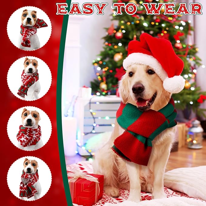 4 Pcs Christmas Knitted Dog Scarf for Medium Large Dogs, Christmas Dog Bandanas Warm Winter Holiday Decoration Scarf Pet Costume Accessories