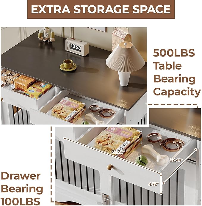 Large Dog Furniture Crate, 47 in Furniture Style Dog Crate with Removable Divier for Large/Medium/Small Dogs，White&Brown