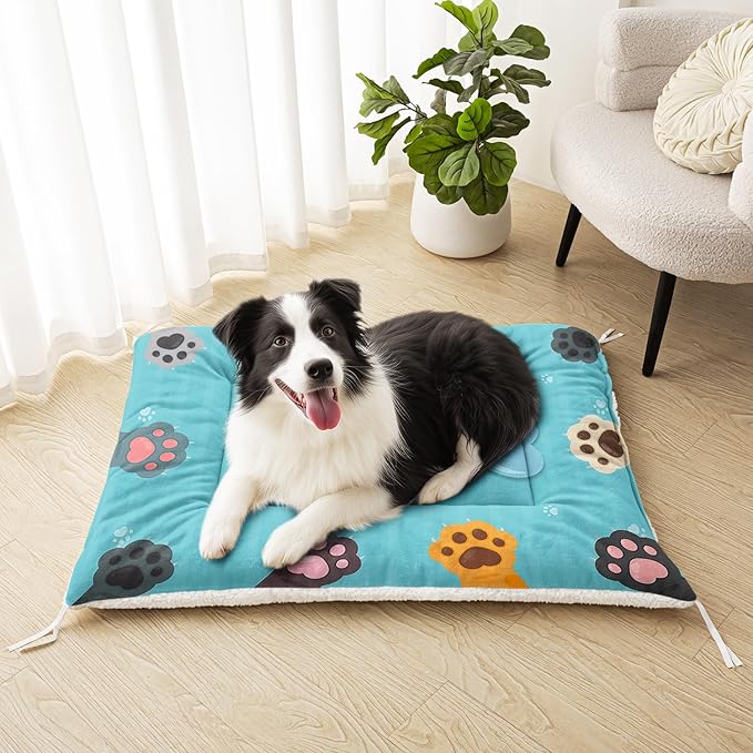 Dog Crate Bed Washable Crate Pad Blue Cute Paw Printed Soft Fluffy Pet Sleeping Mat for Large Medium Small Animals(Paw-9 S)