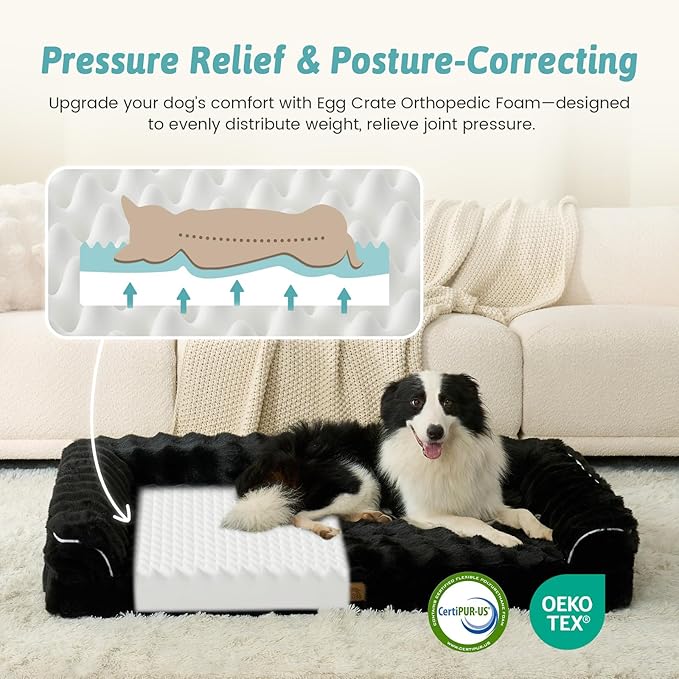 Faux Fur Orthopedic Dog Bed, Dog Bed for Large Size, Supportive Foam Pet Sofa with Waterproof Lining Cover, Washable U-Shaped Pet Couch with Anti-Slip Bottom, Black L 36x27x6.5 inch