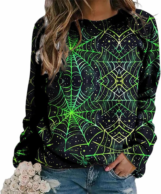 MARSVOVO Fall Sweatshirt for Women Novelty Spider Web Shirt Dressy Casual Crewneck Tunic Tops Spring Graphic Pullover