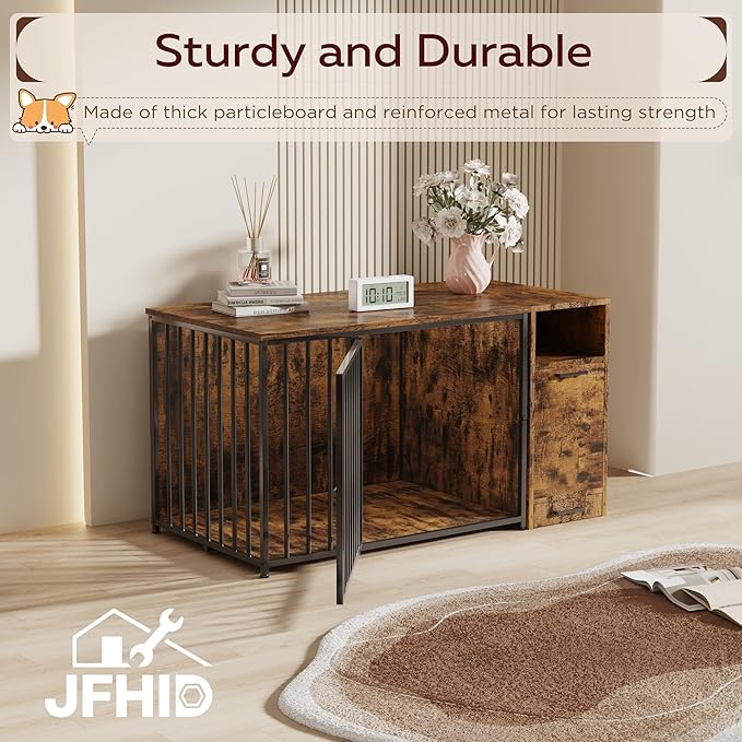 Dog Crate Furniture with Storage Cabinet, 36 Inch Wooden & Steel Decorative Indoor Kennel, Pet Cage End Table for Large and Medium Dogs, Escape-Proof & Chew-Proof, Rustic Brown