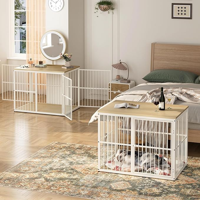 Lyromix 86.62'' Dog Crate Furniture Large Breed TV Stand with Double Rooms for 2 Large Medium Dogs, Wooden Indoor Kennel Crate Cage End Table with Removable Divider, Can Use Separately, Natural Beech
