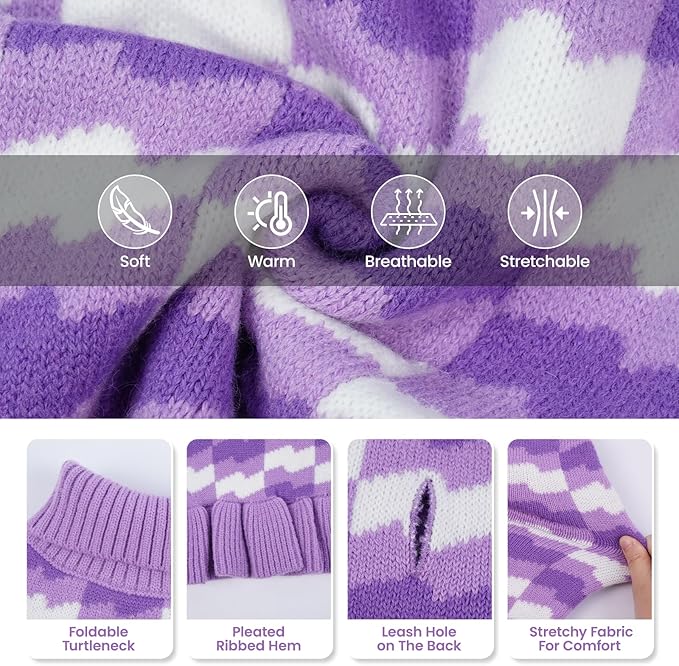Dog Sweaters for Large Dogs Girl, Dog Sweater Dress with Leash Hole, Thick Turtleneck Knitwear for Female Dogs, Warm Fall Winter Dress for Cold Weather, Thanksgiving, Christmas - Purple XXXL