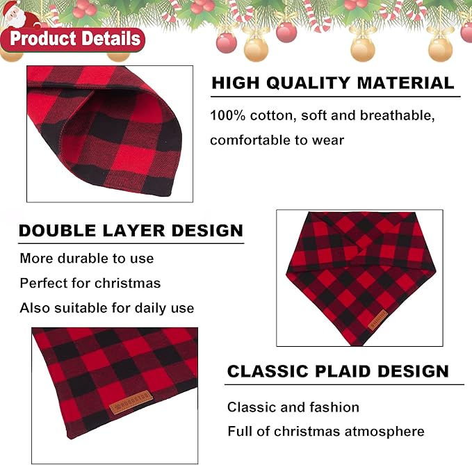 ADOGGYGO Christmas Dog Bandanas 2 Pack, Premium Cotton Fabric, Multiple Sizes Offered, Red Plaid Bandanas for Medium Large Dogs (Large)