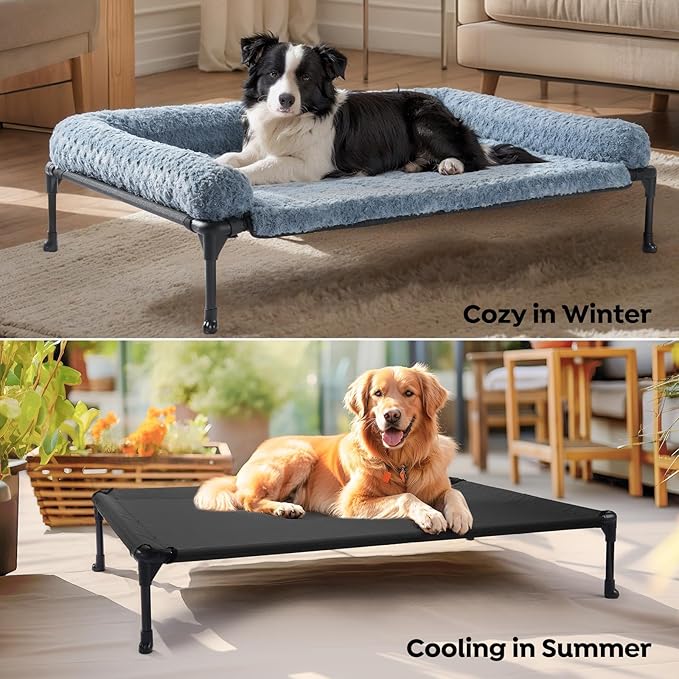 Veehoo Cooling Elevated Dog Bed Add Removable Deluxe Rose Plush Bolster Cushion Mat, 35" x 22" Washable Dog Couch Bed, Raised Pet Cot with Breathable Teslin Mesh, No-Slip Feet, Haze Blue, CWC2439B