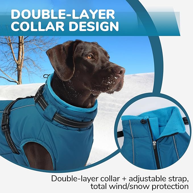 PUMYPOREITY Winter Fleece Coat for Small Dogs, Reflective Dog Jacket with Harness Built in, Waterproof Warm Coat for Dogs, Cold Weather Coats for Outdoor, Therma Windproof Pet Snowsuit, Blue, S