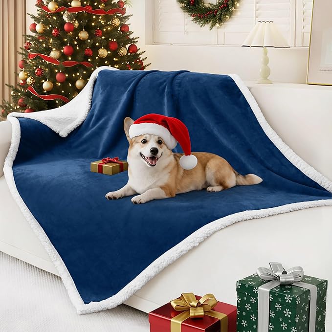Smiry Waterproof Blanket Throw for Large Dogs, Soft Reversible Dog Blanket for Sofa Couch Bed, Washable Leakproof Sherpa Fleece Furniture Couch Protector(50"x60", Navy/White)