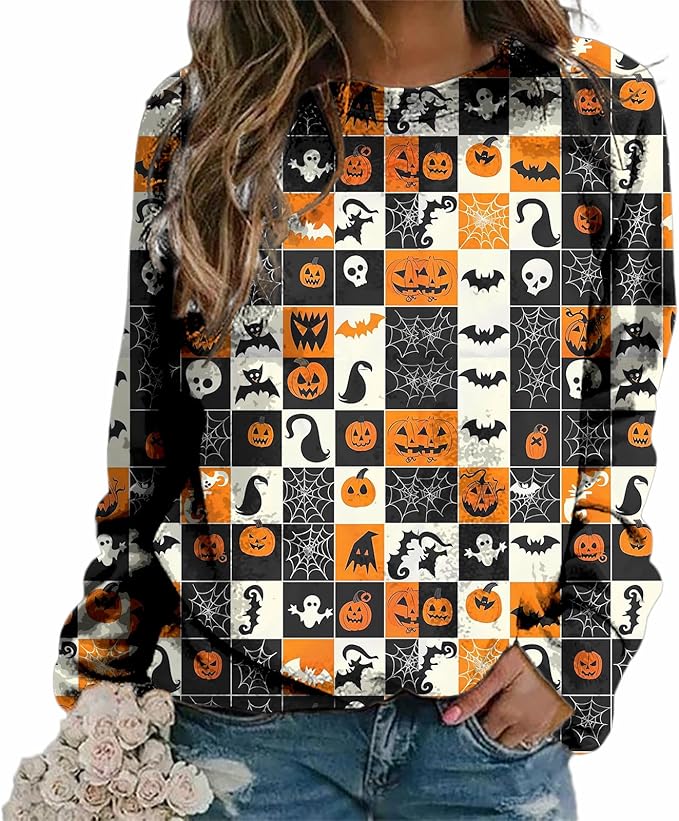 MARSVOVO Fall Sweatshirt for Women Novelty Spider Web Shirt Dressy Casual Crewneck Tunic Tops Spring Graphic Pullover