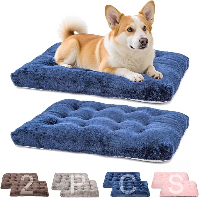 POMIU 2-Pack Washable Dog Bed, Deluxe Plush Crate Beds with Anti-Slip, Machine Washable Kennel Pad Sleeping Mat for Large, Medium and Small Dogs (2 Pack x Navy, 29.0" L x 21.0" W x 3.0" Th)