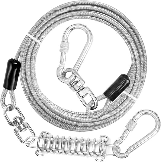 jenico Dog Tie Out Cable, 10/15/20/30/40/50/70/100/150FT Runner Cable with Swivel Hook and Shock Spring, Dog Leash Run Tether for Yard Outdoor and Camping,for Small to Medium Pets Up to 500 LBS