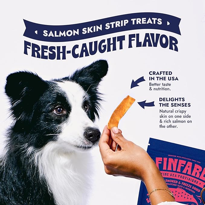 Finfare Freeze Dried Dog Treats, Salmon Skin Strips, Protein & Omega-3s, Grain Free Salmon Dog Training Treats, Crafted in USA, 9oz