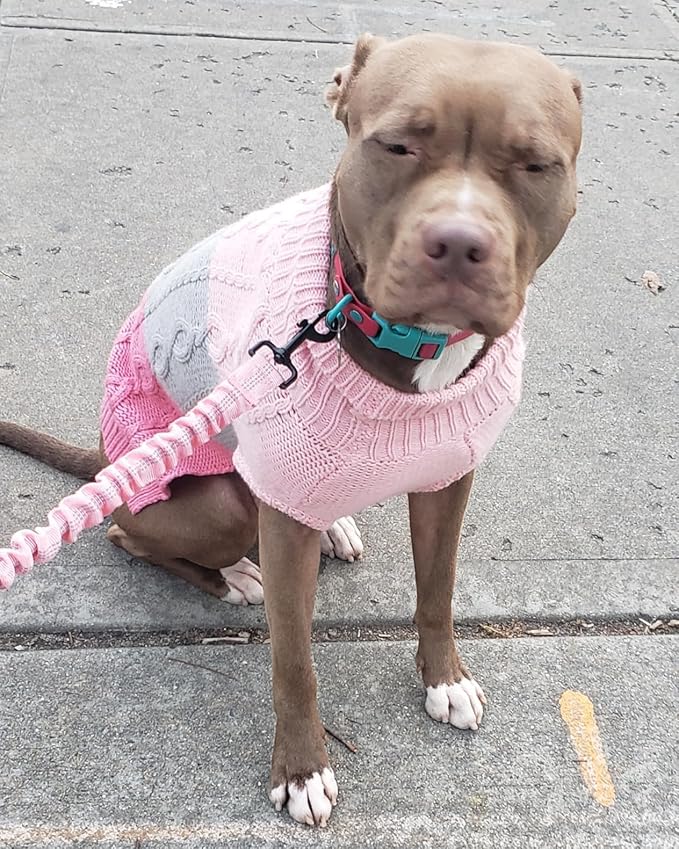 EXPAWLORER Dog Sweater with Leash Hole - Large Dogs Fall Sweaters for Girls Boys,Classic Turtleneck Knitwear Dog Clothes for Cold Weather, Cable Knit Dogs Outfit,Coat,Pet Apparel(Pink&Grey,XL)