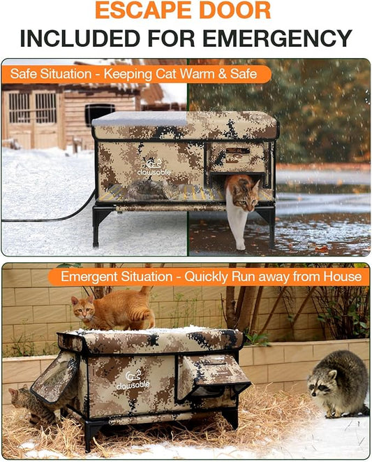 Indestructible Heated Cat House for Outside Winter, 100% Waterproof, Safe Escape Door, Insulated Outdoor Cat Shelter with Heater for Feral Barn Cat Kitty (Desert Camouflage, 12"x16"x18")