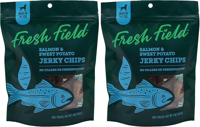 Fresh Field Salmon & Sweet Potato Jerky Chips, 5 oz – All-Natural Dog Treats, USA Made, No Fillers, Omega-3 Rich (Pack of 2)