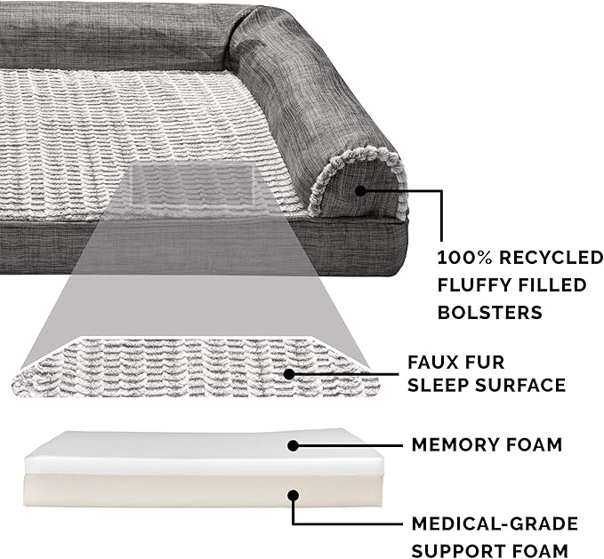 Furhaven Memory Foam Dog Bed for Large/Medium Dogs w/ Removable Bolsters & Washable Cover, For Dogs Up to 55 lbs - Luxe Faux Fur & Performance Linen Sofa - Charcoal, Large