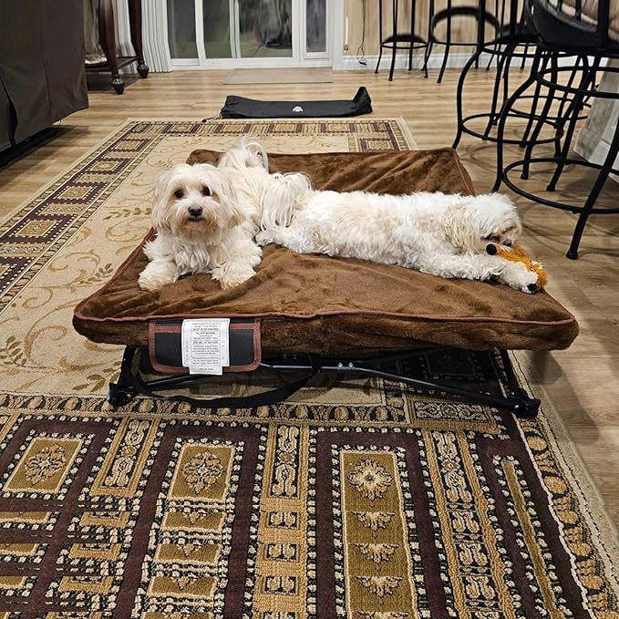 unp Camping Dog Bed Pop up - Small Collapsible Dog Cot 19 x 19 x 10 inch - Outside Dog Bed with Plush Cover & Carrying Bag for French Bulldog, Poodle... (Brown, S)