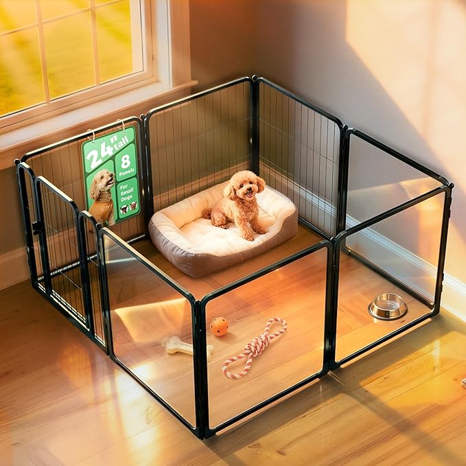 FXW Pawadise Acrylic & Wire Mesh Indoor Dog Playpen, Heavy Duty 24 Inch 8 Panels Metal Dog Pen for Puppy and Small Dogs, Black│Patented