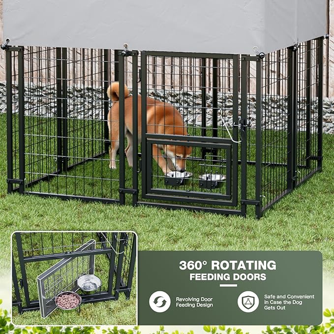 Greesum Large Outdoor Dog Kennel, Heavy Duty Welded Wire Steel Dog Playpen Fence with Secure Lock/UV-Resistant Waterproof Roof Cover/Rotaing Feeder Bowls, for Small/Medium/Large Dogs, L