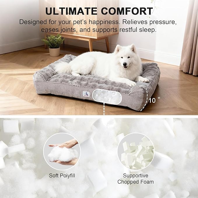 Orthopedic Dog Bed for Large Dogs - 48" Faux Fur Pet Couch with Removable Washable Cover, Nonskid Bottom, Supportive Foam, Comfortable Dog Sofa Bed for Medium Large Dogs, Gray