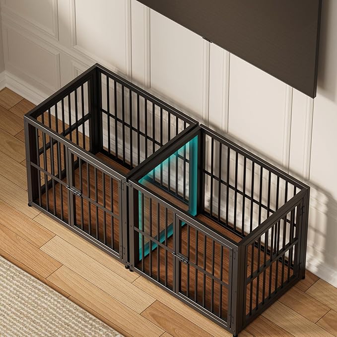Lyromix 54'' Dog Crate Furniture with Double Rooms,Wooden Crate End Table Heavy Duty Indoor Puppy Cage for 2 Small Dogs, Multiple Units Can be Combined, Walnut