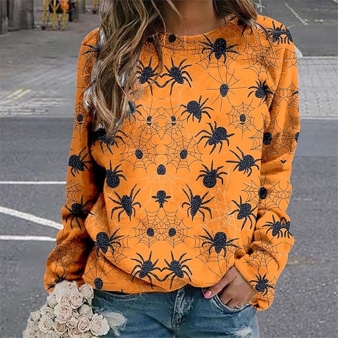 MARSVOVO Fall Sweatshirt for Women Novelty Spider Web Shirt Dressy Casual Crewneck Tunic Tops Spring Graphic Pullover
