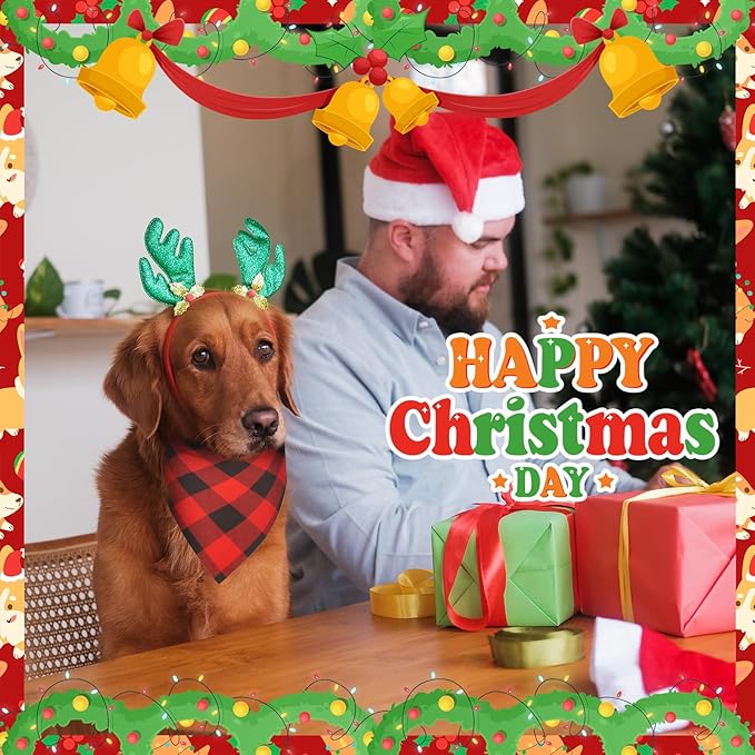 50 Pcs Red and Green Buffalo Plaid Bandanas Bulk for Christmas Dog Xmas Kerchief Set Bibs Dog Triangle Scarf for Small Medium Large Doggie Costume Decoration